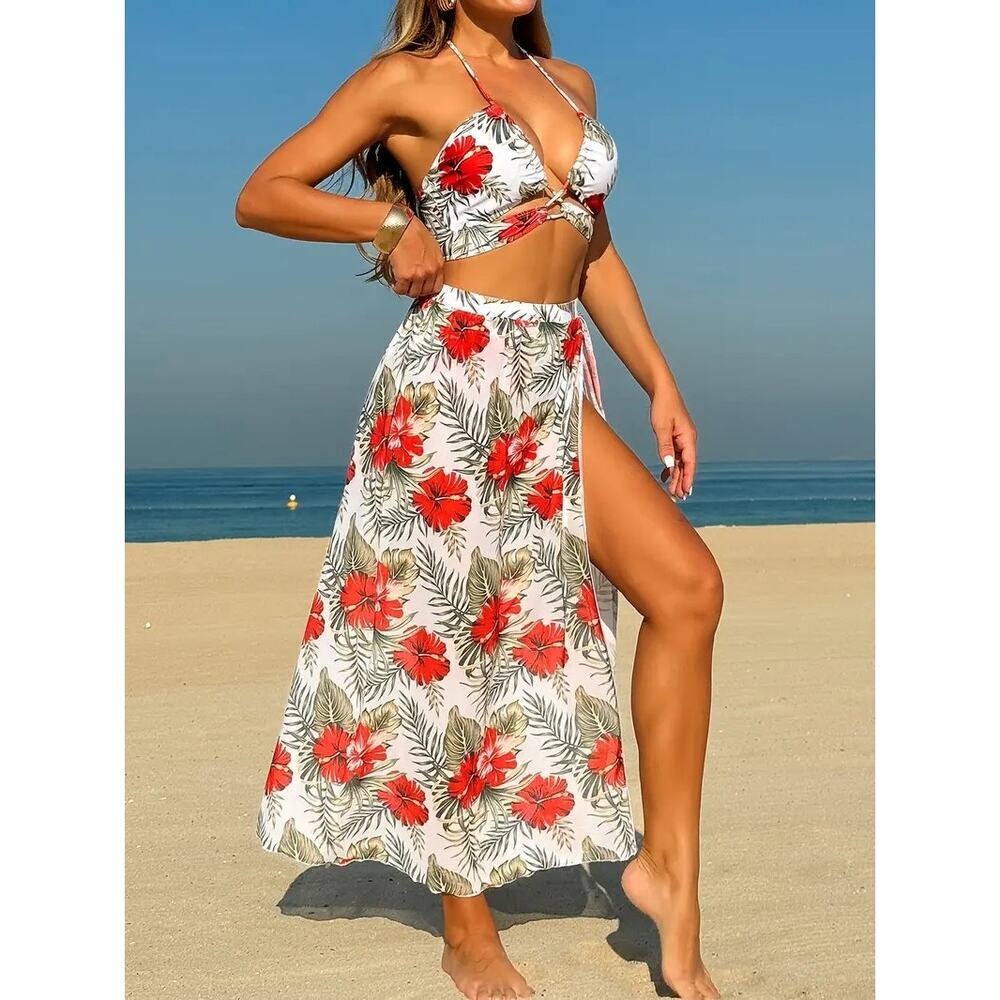 Tropical Hibiscus 3-Piece Swimsuit Set – Bikini + High-Slit Skirt – Size 1XL